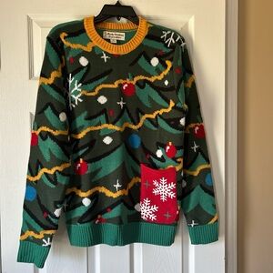Novelty Festive Green Unisex Christmas Sweater with Snowflake Pocket ~ Size Med